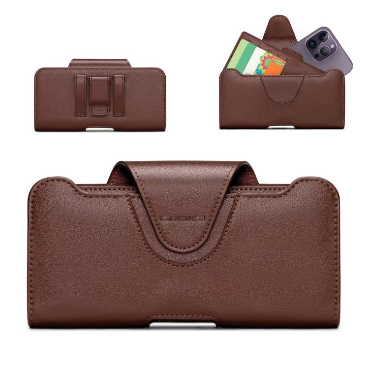 NUOKU Étui de ceinture double pour téléphone 5,5-6,7 pouces, en cuir texture Litchi (Marron foncé)