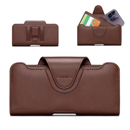 NUOKU Étui de ceinture double pour téléphone 5,5-6,7 pouces, en cuir texture Litchi (Marron foncé)