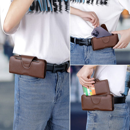 NUOKU Étui de ceinture double pour téléphone 5,5-6,7 pouces, en cuir texture Litchi (Marron foncé)