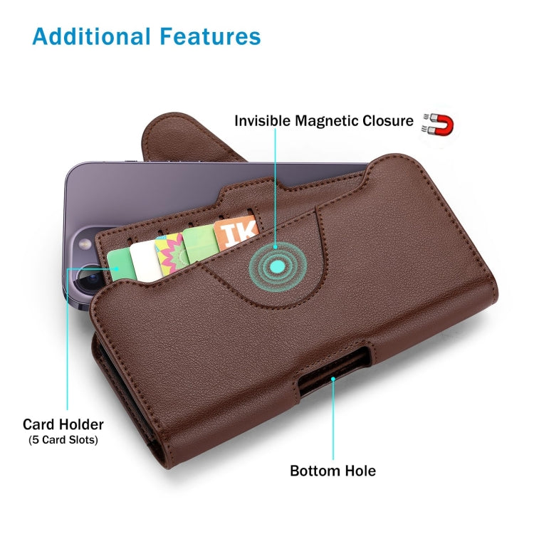 NUOKU Étui de ceinture double pour téléphone 5,5-6,7 pouces, en cuir texture Litchi (Marron foncé)