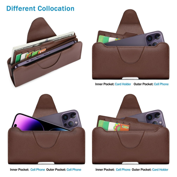 NUOKU Étui de ceinture double pour téléphone 5,5-6,7 pouces, en cuir texture Litchi (Marron foncé)