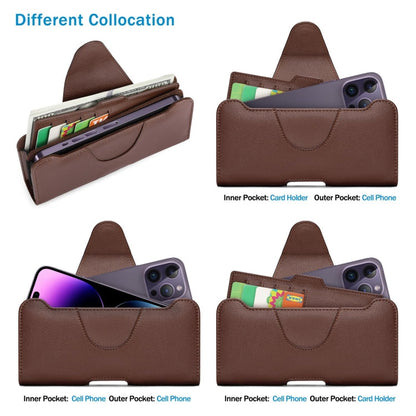 NUOKU Étui de ceinture double pour téléphone 5,5-6,7 pouces, en cuir texture Litchi (Marron foncé)