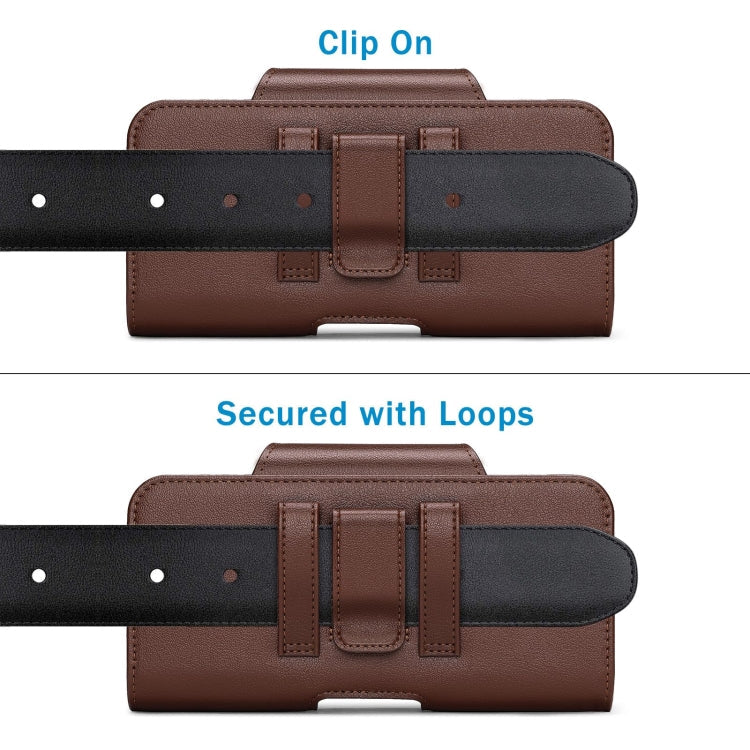 NUOKU Étui de ceinture double pour téléphone 5,5-6,7 pouces, en cuir texture Litchi (Marron foncé)