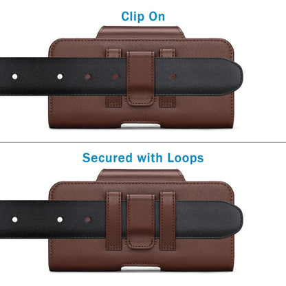 NUOKU Étui de ceinture double pour téléphone 5,5-6,7 pouces, en cuir texture Litchi (Marron foncé)