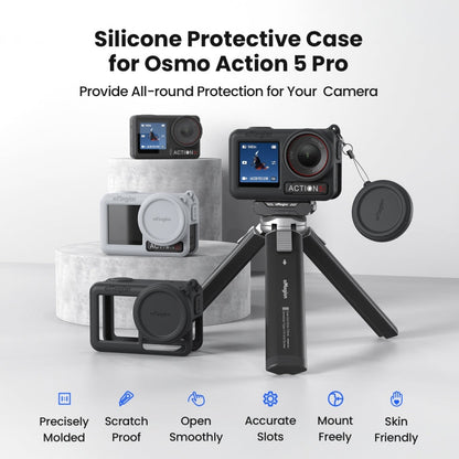 For DJI Osmo Action 5 Pro aMagisn Silicone Protective Case with Lanyard and Lens Cap(Light Gray)