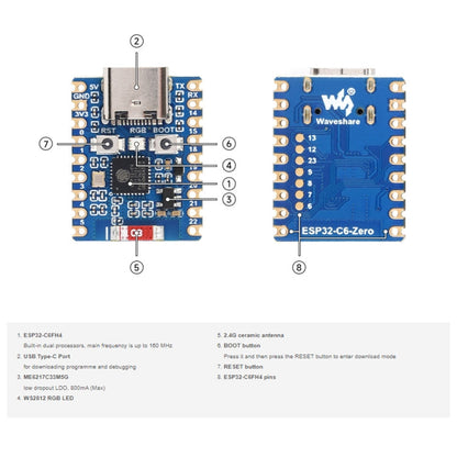 Waveshare ESP32-C6 Mini WiFi 6 & Bluetooth 5 Dual Processors Development Board, Spec: Zero