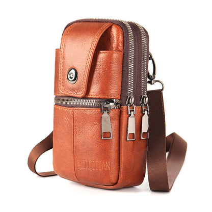 KUNQITIAN Mobile Phone Waist Bag Belt Leather Case With Shoulder Strap, Size: S(Brown Yellow)