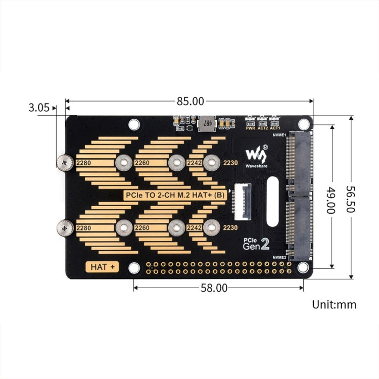 Waveshare Pour Raspberry Pi 5 Adaptateur PCIe vers M.2 2 canaux Type B Protocole NVMe (27710)