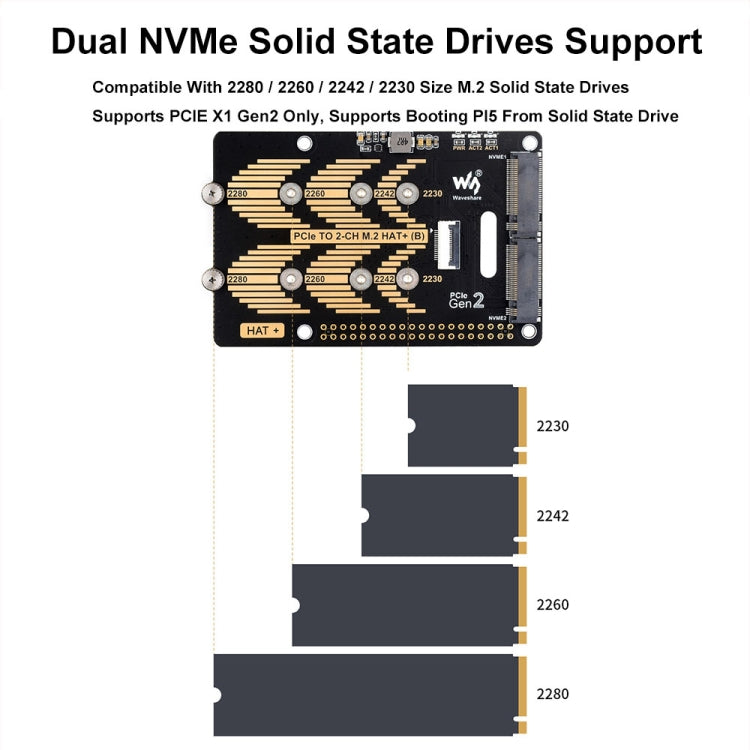 Waveshare Pour Raspberry Pi 5 Adaptateur PCIe vers M.2 2 canaux Type B Protocole NVMe (27710)