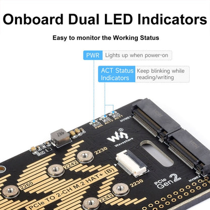 Waveshare Pour Raspberry Pi 5 Adaptateur PCIe vers M.2 2 canaux Type B Protocole NVMe (27710)