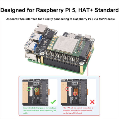 Waveshare For Raspberry Pi 5 PCIe to MiniPCIe / Gigabit Ethernet / USB 3.2 Gen1 HAT, Spec: SIM7600G-H