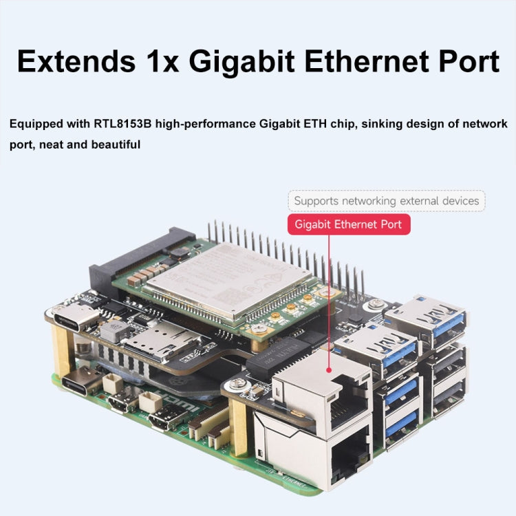 Waveshare For Raspberry Pi 5 PCIe to MiniPCIe / Gigabit Ethernet / USB 3.2 Gen1 HAT, Spec: SIM7600G-H