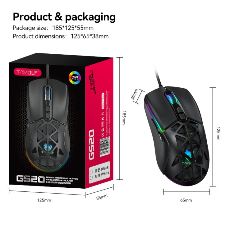 T-WOLF G520 7-keys RGB Marquee Honeycomb Hollow Gaming Wired Mouse(Black)