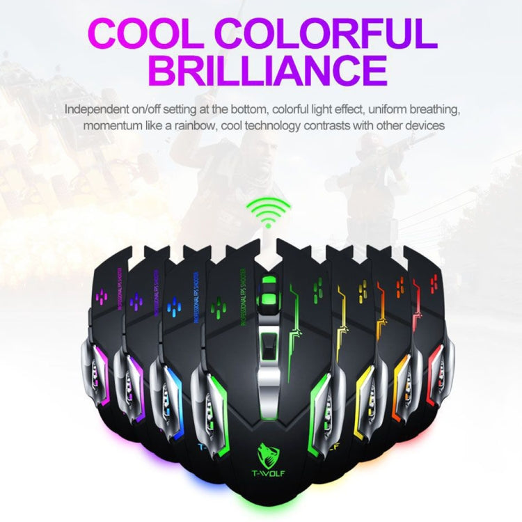 T-WOLF Q13 2.4GHz 6-keys RGB Colorful Light Gaming Wireless Mouse, Color: Single Mode Black
