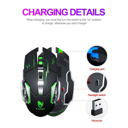 T-WOLF Q13 2.4GHz 6-keys RGB Colorful Light Gaming Wireless Mouse, Color: Single Mode White