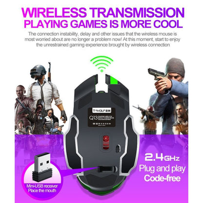 T-WOLF Q13 2.4GHz 6-keys RGB Colorful Light Gaming Wireless Mouse, Color: Dual Mode Star Black