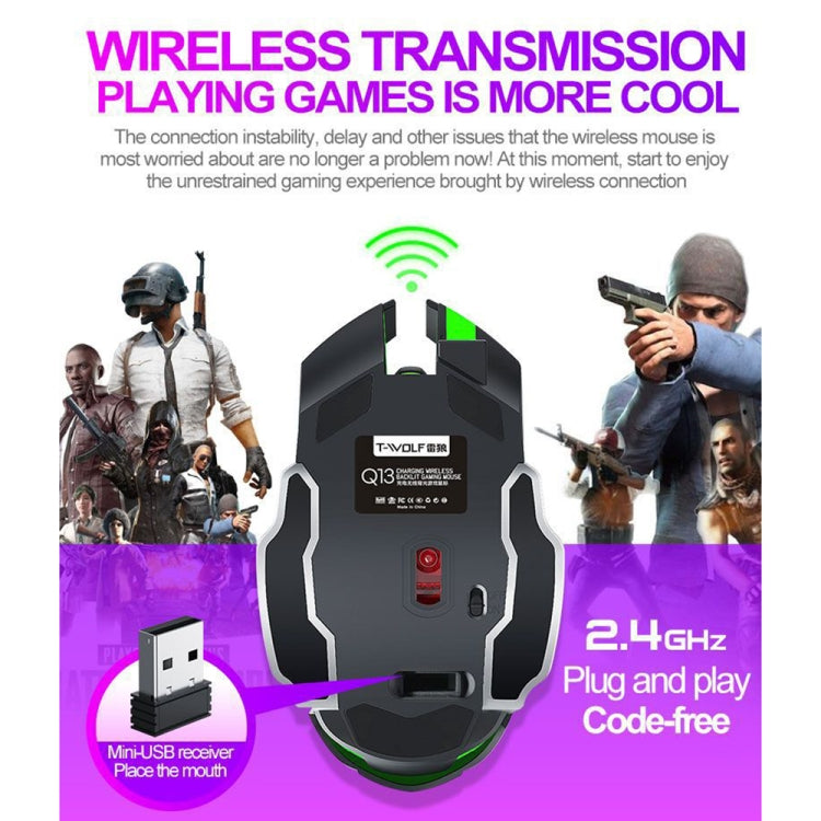 T-WOLF Q13 2.4GHz 6-keys RGB Colorful Light Gaming Wireless Mouse, Color: Dual Mode Black
