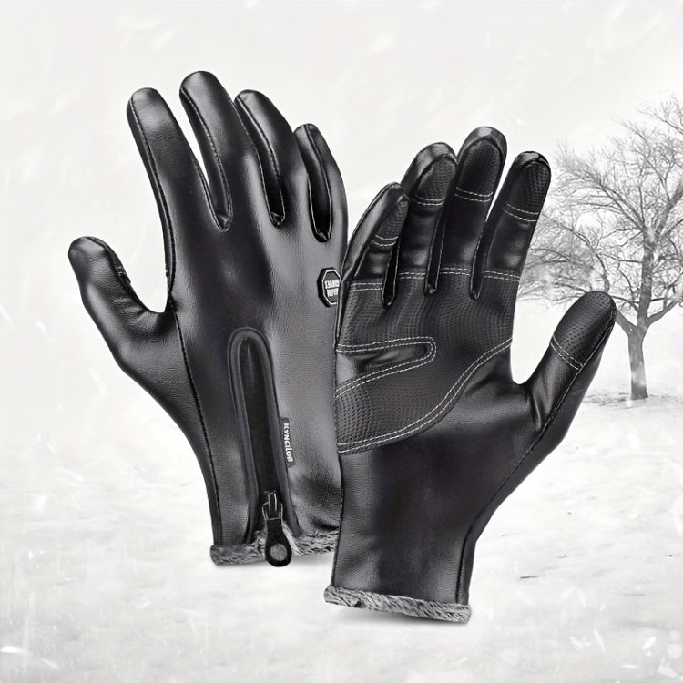 Kyncilor Winter Thermal PU Gloves Touchscreen Windproof Water-Resistant with Anti-Slip Grip, Size: XL(Black)