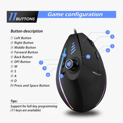 ZELOTES C18 11-Keys RGB Vertical Grip Ergonomic Joystick Programming Gaming Wired Mouse(Black)