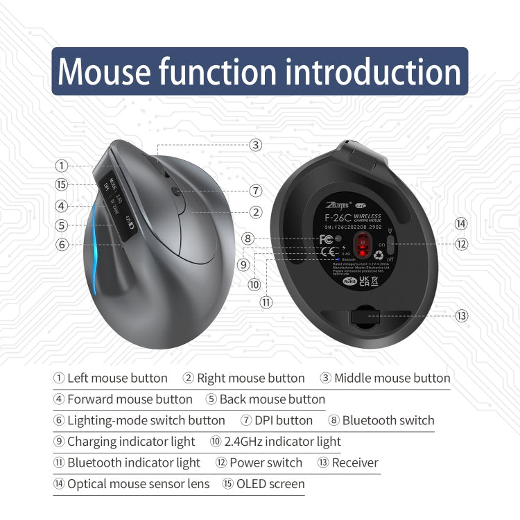 ZELOTES F-26C 8-Keys 2.4G+Bluetooth Dual-Mode LED Display Vertical Grip Wireless Mouse(Gray)