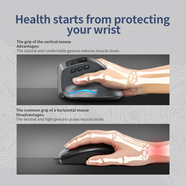 ZELOTES F-26C 8-Keys 2.4G+Bluetooth Dual-Mode LED Display Vertical Grip Wireless Mouse(Gray)