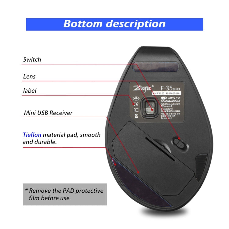 ZELOTES F-35A 6-Buttons Vertical Grip Ergonomic Rechargeable Wireless Mouse(Wireless Version)
