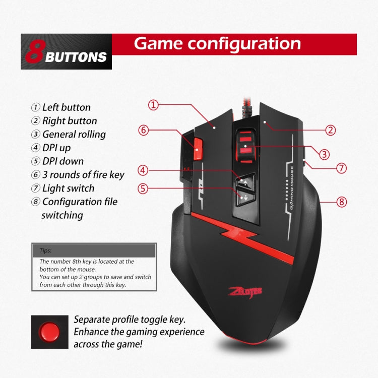 ZELOTES C8 8-buttons Ergonomic Game Programming Custom Wired Mouse(Black)
