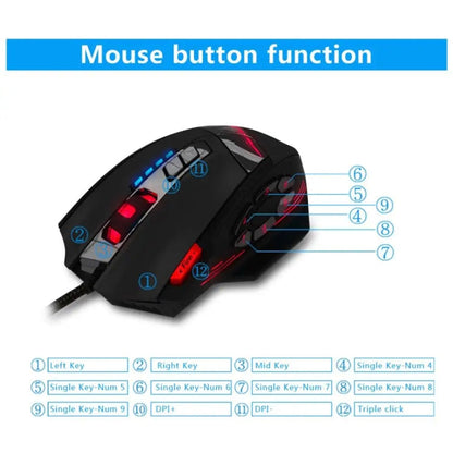 Souris Gamer Filaire Ergonomique Programmable ZELOTES C12 avec 12 Boutons (Noir)