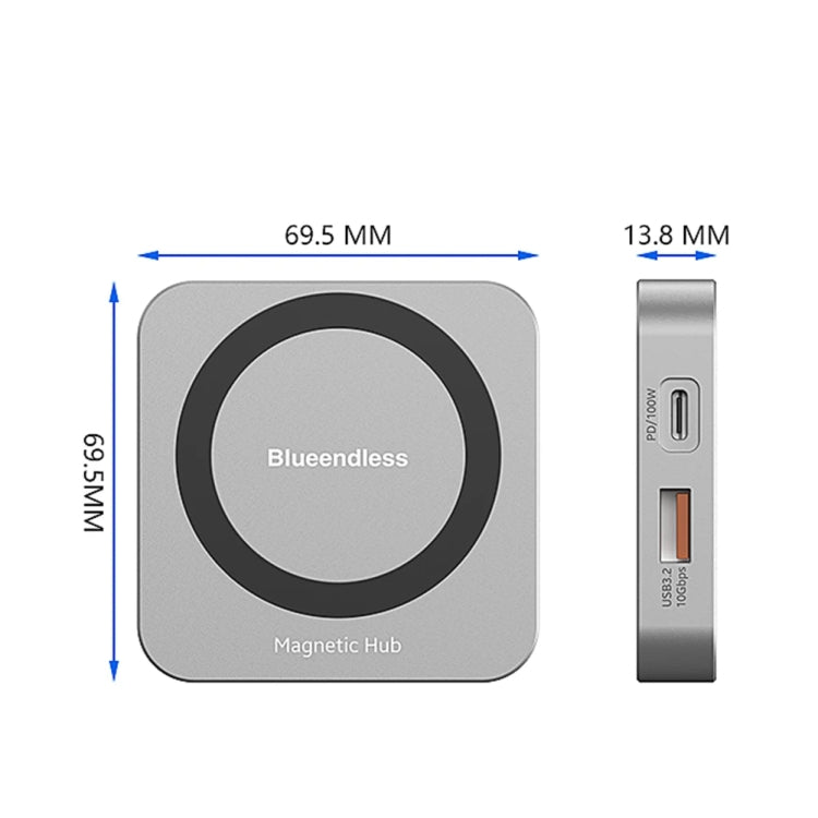 Blueendless HUB magnétique 8-en-1 avec boîtier SSD M.2 NVMe/SATA (HDMI+PD100W+USB-C/Type-C 3.2+USB-A 3.2+SD+TF+AUX)