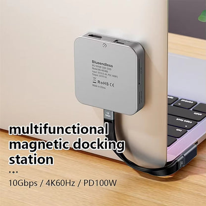 Blueendless HUB magnétique 8-en-1 avec boîtier SSD M.2 NVMe/SATA (HDMI+PD100W+USB-C/Type-C 3.2+USB-A 3.2+SD+TF+AUX)