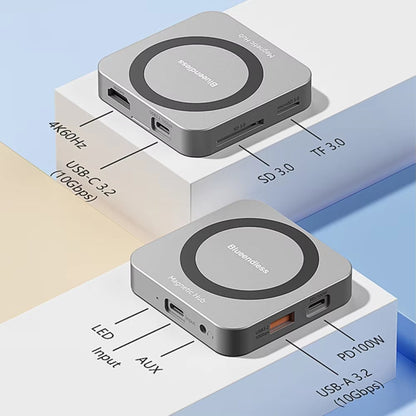 Blueendless HUB magnétique 8-en-1 avec boîtier SSD M.2 NVMe/SATA (HDMI+PD100W+USB-C/Type-C 3.2+USB-A 3.2+SD+TF+AUX)