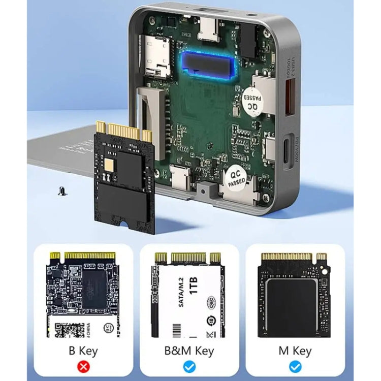 Blueendless HUB magnétique 8-en-1 avec boîtier SSD M.2 NVMe/SATA (HDMI+PD100W+USB-C/Type-C 3.2+USB-A 3.2+SD+TF+AUX)