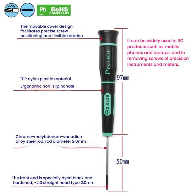 ProsKit SD-081-S3 Slotted Precision Screwdriver(2.0 x 50mm) for Daily Electronics Repairs(Green Black)