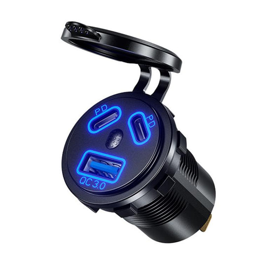Kewig P22A 12-24V Voiture Moto Bateau Modifié Double PD+QC3.0 Chargeur de Voiture 3 Ports Avec Interrupteur, Style : Avec Terminal (Lumière Bleue)