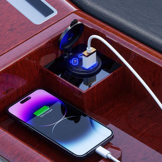 Kewig P22A 12-24V Voiture Moto Bateau Modifié Double PD+QC3.0 Chargeur de Voiture 3 Ports Avec Interrupteur, Style : Avec Terminal (Lumière Bleue)