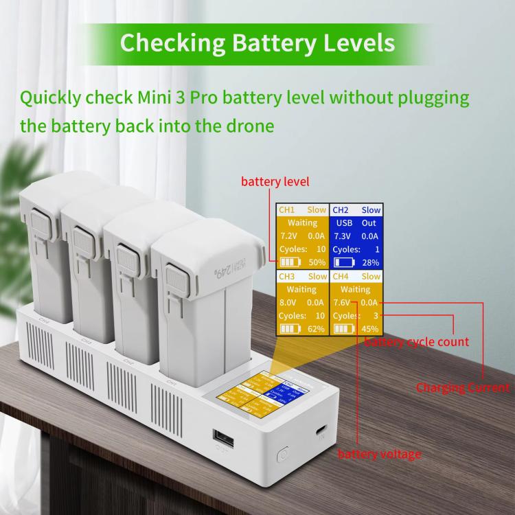 For DJI Mini 4 Pro / Mini 3 Pro / Mini 3 YX Four-Way Color Screen Charger Battery Manager(Light Gray)