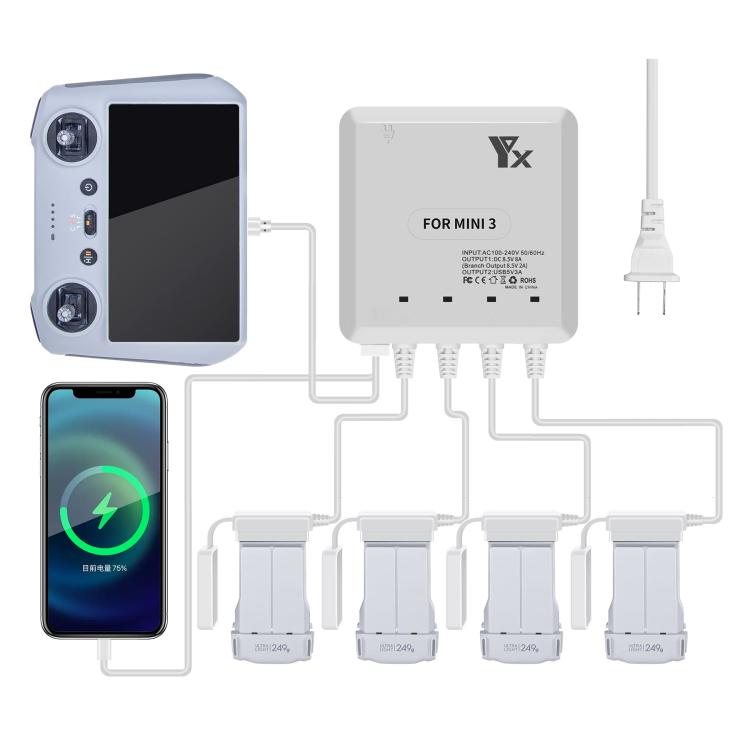 For DJI Mini 4 Pro / Mini 3 Pro / Mini 3 Drone YX 4-way Charger Battery Butler UK Plug