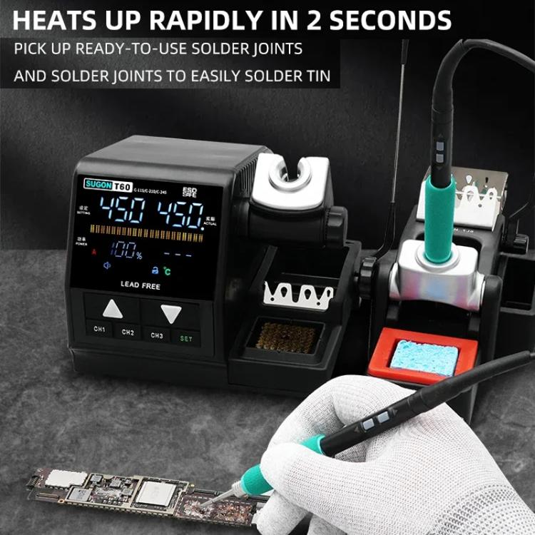 SUGON T60+TJ8+210/245 Handle+I/K/IS Tips x 6 Precision Soldering Station Soldering Iron Set Cell Phone Repair Soldering Tool(EU Plug)