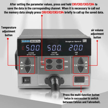 SUGON 8630 Pro Large Wind Power Cell Phone Repair CPU Digital Display Hot Air Soldering Station US Plug