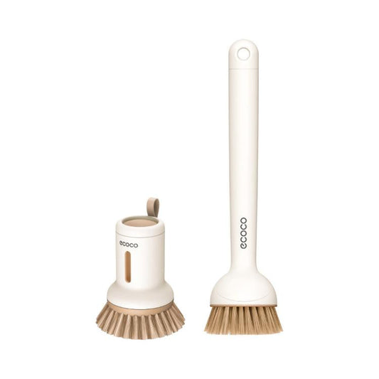 2pcs /Set ecoco Pot Washing Brush Short Handle Squeezeable + Long Handle Rotatable Household Dishwashing Brush(Cream Yellow)