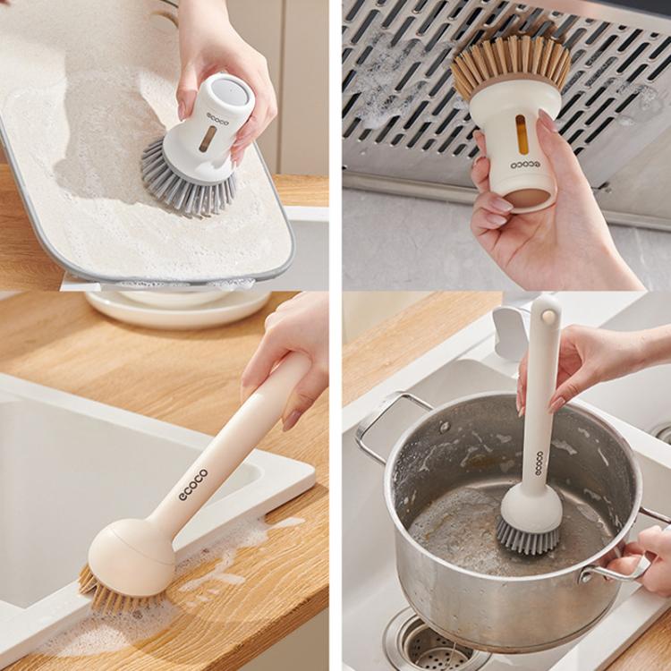 2pcs /Set ecoco Pot Washing Brush Short Handle Squeezeable + Long Handle Rotatable Household Dishwashing Brush(Simple White)