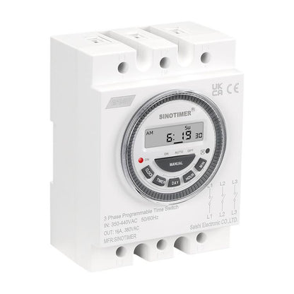 SINOTIMER TM619-380V 16A 3 Phase Timer Switch 7-Day Programmable Minimum Interval 1 Minute