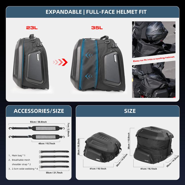 Rhinowalk MT2335 23L-35L Expandable Large-capacity EVA Hard Shell Motorcycle Tail Bag(Carbon Fiber)