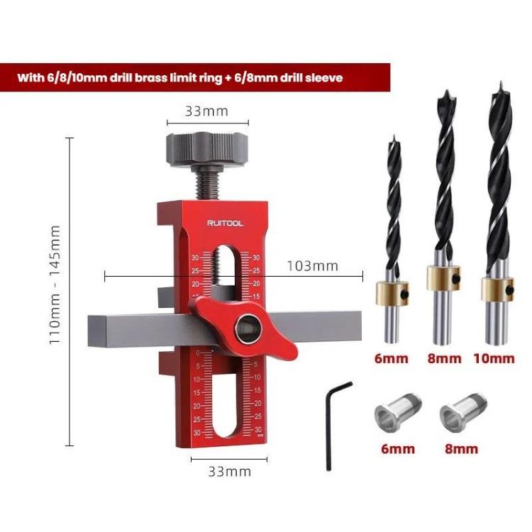 RUITOOL Cabinet Door Installation Locator Aids Adjustable Rebounder Punched Mounting Jig Leveling Device, Spec: With 6/8/10mm Drill Brass Limit Ring + 6/8mm Drill Sleeve