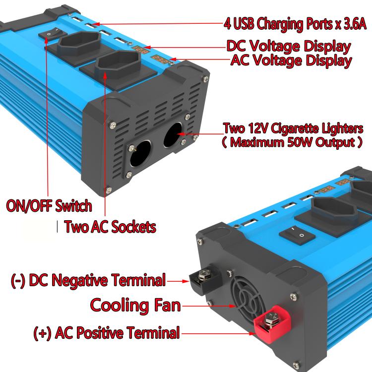 Gurxun 4 USB Ports Digital Display Modified Square Wave Inverter, Spec: 500W Brazil Plug 12V To 110V
