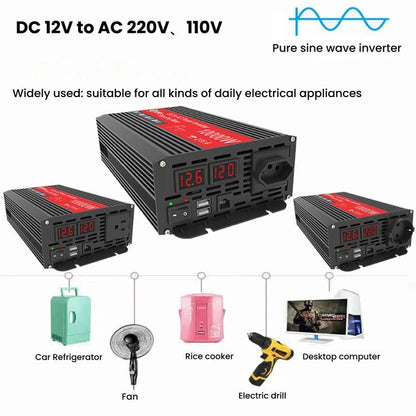 Gurxun 1500W Dual USB Fast Charger Dual Digital Display Pure Sine Wave Inverter, Spec: US Plug 12V To 110V