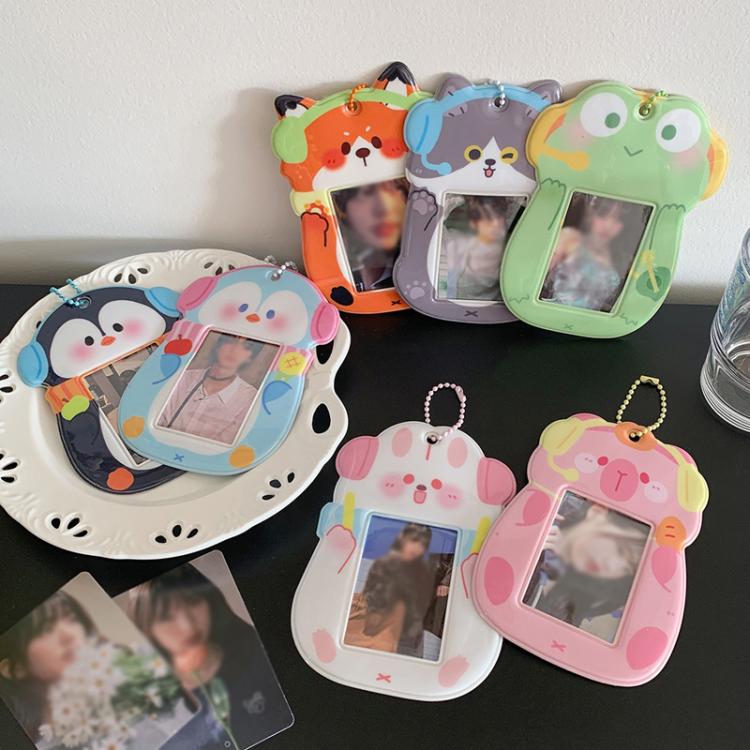 Hisocute Student Cartoon PVC Transparent Card Holder Cute Animal 3-Inch Idol Album Photo Card Case, Style: Green Frog