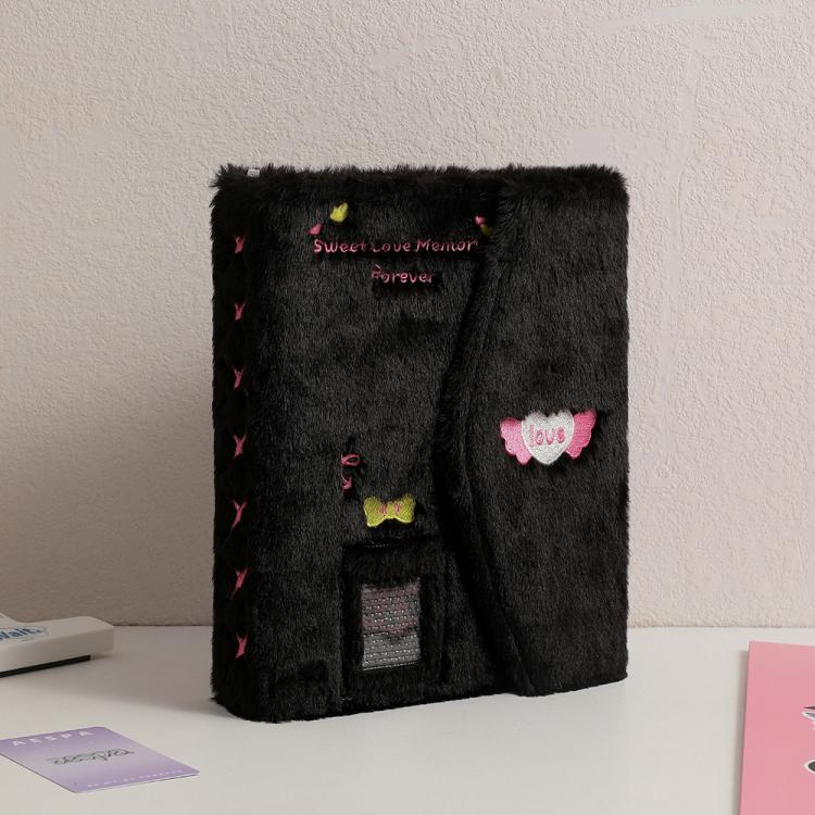 Hisocute Embroidered Plush Six Hole Magnetic Album A5 Card Album Binder Student Storage Booklet(Black Cover)