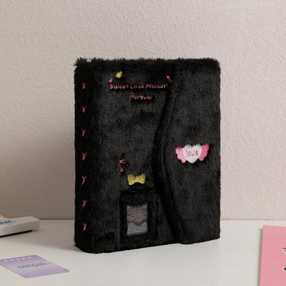 Hisocute Embroidered Plush Six Hole Magnetic Album A5 Card Album Binder Student Storage Booklet(Black Cover)