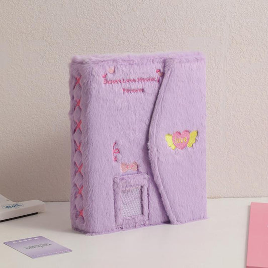 Hisocute Embroidered Plush Six Hole Magnetic Album A5 Card Album Binder Student Storage Booklet(Purple Cover)